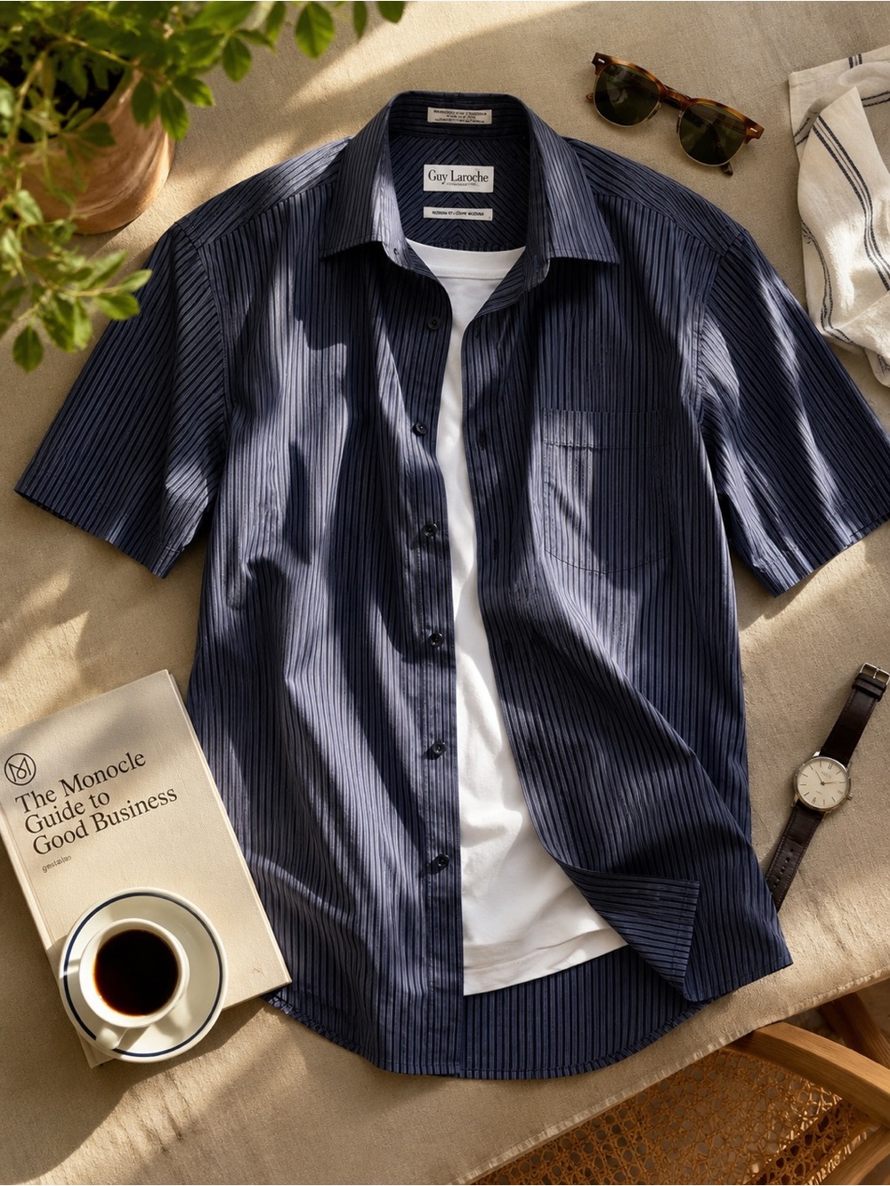 Guy Laroche Vintage Stripe Button Up Shirt Navy Black Cotton Short Sleeve Large